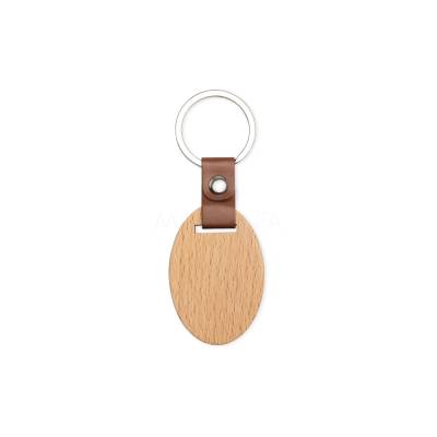 Chaveiro de Madeira Oval com Detalhe em Couro Sintético Personalizado