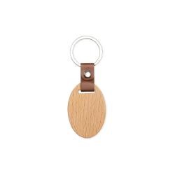 Chaveiro de Madeira Oval com Detalhe em Couro Sintético Personalizado