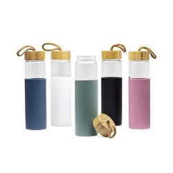 Garrafa de Vidro Borossilicato 750ml com Tampa de Bambu e Luva de Silicone Personalizada