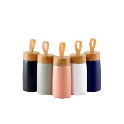 Garrafa Térmica de Inox 250ml com Tampa de Bambu e Alça de Silicone Personalizada