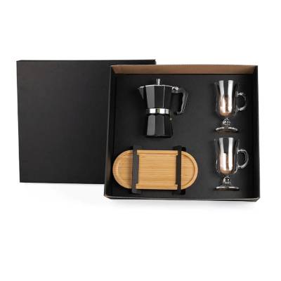 Kit Café 4 Peças com Cafeteira Italiana, Bandeja de Bambu e Canecas de Vidro Personalizado