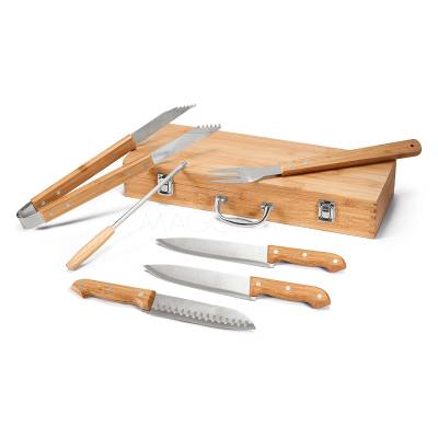 Kit Churrasco 6 Peças Inox com Maleta de Bambu Personalizado