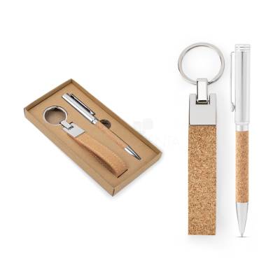 Kit Escritório com Caneta e Chaveiro em Metal e Cortiça Personalizado
