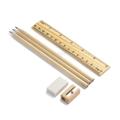 Kit Escritório em Bambu Reciclado com Lápis, Apontador, Régua e Borracha Personalizado