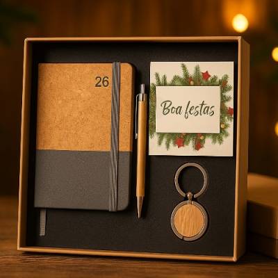 Kit Executivo com Agenda 2026, Caneta, Chaveiro e Cartão Personalizado