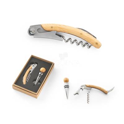 Kit Vinho com Saca Rolhas e Salva-Gotas em Metal e Bambu Personalizado