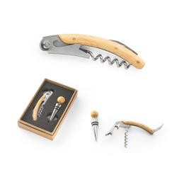 Kit Vinho com Saca Rolhas e Salva-Gotas em Metal e Bambu Personalizado